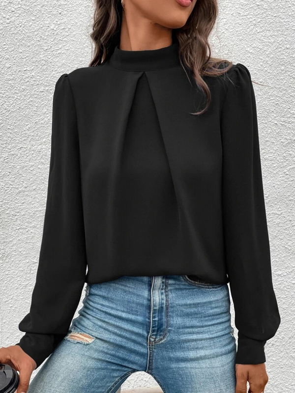 Cămașă satinată, mâneci lungi, guler semi-turtleneck, croială lejeră, 95% poliester