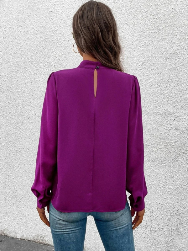 Cămașă satinată, mâneci lungi, guler semi-turtleneck, croială lejeră, 95% poliester