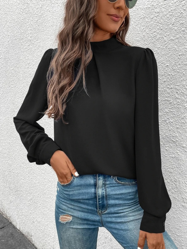 Cămașă satinată, mâneci lungi, guler semi-turtleneck, croială lejeră, 95% poliester