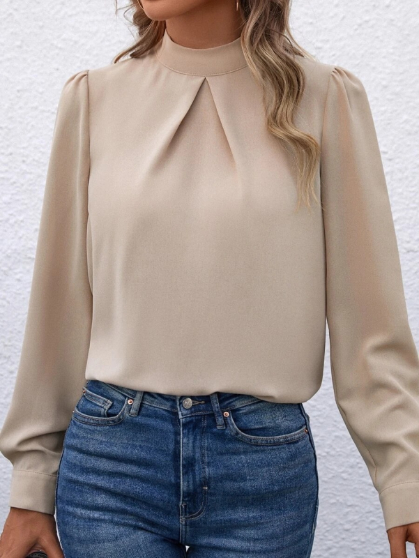 Cămașă satinată, mâneci lungi, guler semi-turtleneck, croială lejeră, 95% poliester