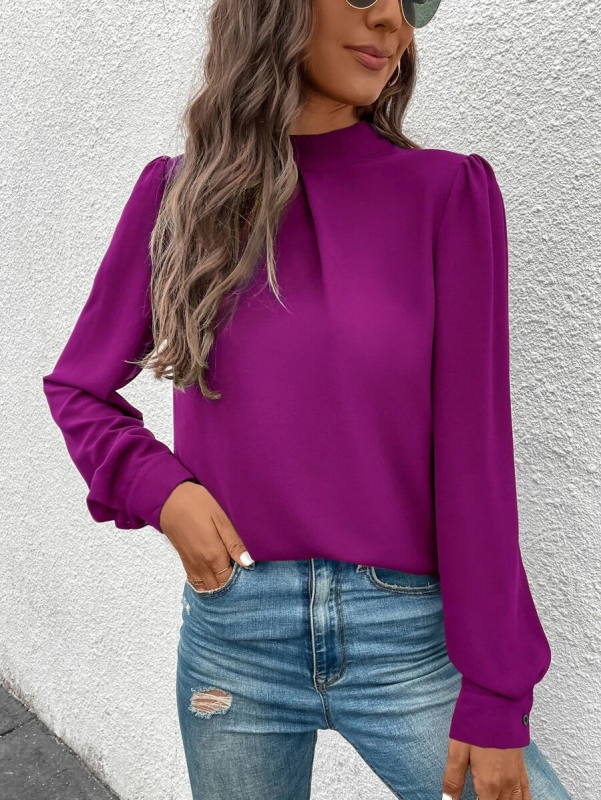 Cămașă satinată, mâneci lungi, guler semi-turtleneck, croială lejeră, 95% poliester