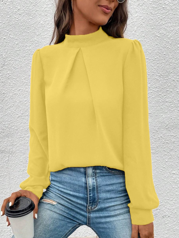 Cămașă satinată, mâneci lungi, guler semi-turtleneck, croială lejeră, 95% poliester