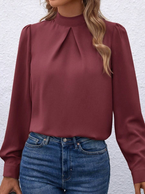 Cămașă satinată, mâneci lungi, guler semi-turtleneck, croială lejeră, 95% poliester