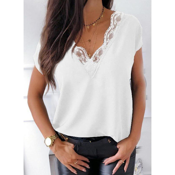 Tricou cu decolteu în V, mânecă scurtă, croi lejer, pentru birou