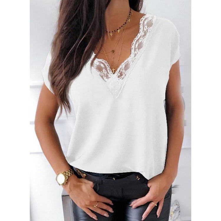 Tricou cu decolteu în V, mânecă scurtă, croi lejer, pentru birou