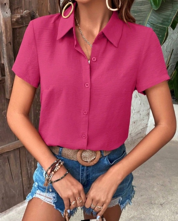 Ženska košulja kratkih rukava, jednostavna, ovratnik tipa lapel, rukavi latice, ležerni japansko-korejski stil, poliester, standardna duljina 50–65 cm, kopčanje na jedan red