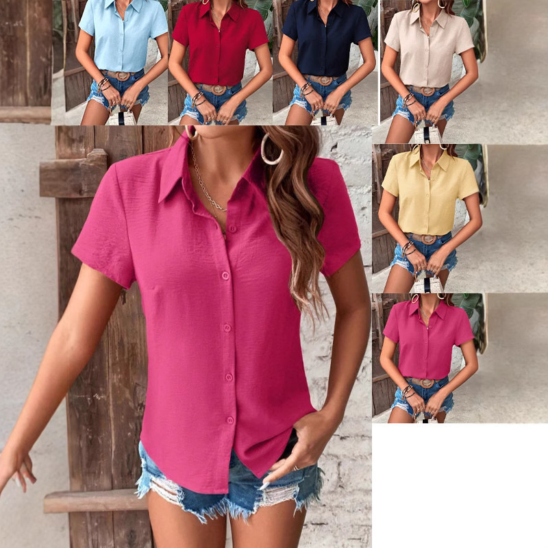 Ženska košulja kratkih rukava, jednostavna, ovratnik tipa lapel, rukavi latice, ležerni japansko-korejski stil, poliester, standardna duljina 50–65 cm, kopčanje na jedan red