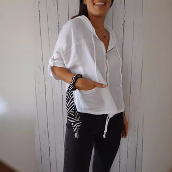 Γυναικείο τοπ με κουκούλα και φερμουάρ, ύφασμα βαμβάκι-λινό, φαρδιά γραμμή, μακριά μανίκια