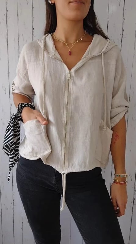 Moteriška gobtuvė su užtrauktuku ir surišamąja virvele, medvilnės-linų mišinio audinys, laisvas pjūvis, ilgos rankovės