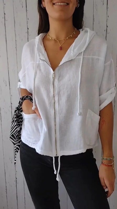 Moteriška gobtuvė su užtrauktuku ir surišamąja virvele, medvilnės-linų mišinio audinys, laisvas pjūvis, ilgos rankovės