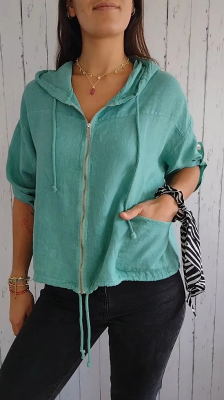 Moteriška gobtuvė su užtrauktuku ir surišamąja virvele, medvilnės-linų mišinio audinys, laisvas pjūvis, ilgos rankovės