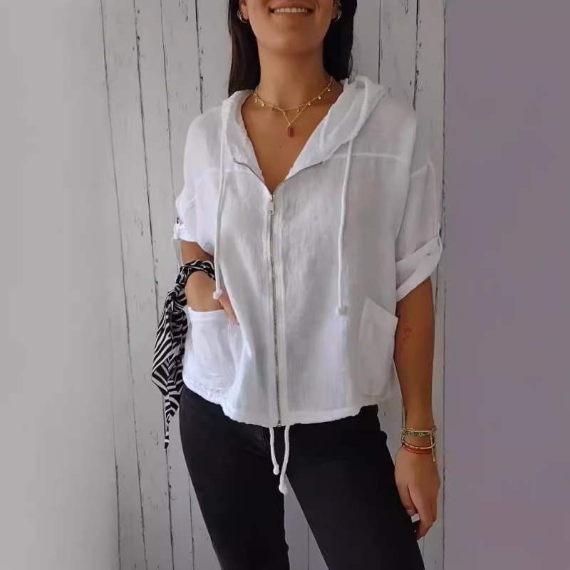 Moteriška gobtuvė su užtrauktuku ir surišamąja virvele, medvilnės-linų mišinio audinys, laisvas pjūvis, ilgos rankovės