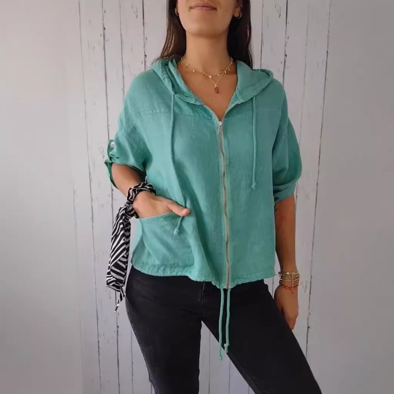 Moteriška gobtuvė su užtrauktuku ir surišamąja virvele, medvilnės-linų mišinio audinys, laisvas pjūvis, ilgos rankovės