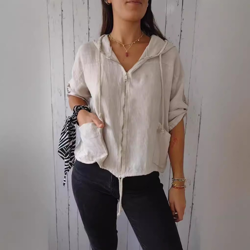 Moteriška gobtuvė su užtrauktuku ir surišamąja virvele, medvilnės-linų mišinio audinys, laisvas pjūvis, ilgos rankovės