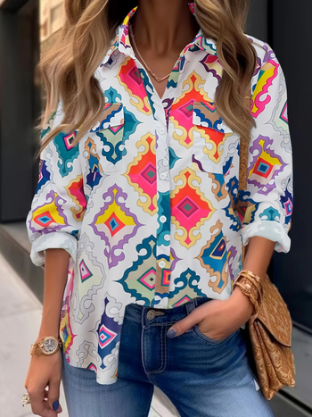 Γυναικείο μακρύ μανίκι πουκάμισο από πολυεστέρα, μοτίβο κειμένου, γιακά λαπέλ, μπροστινά κουμπιά