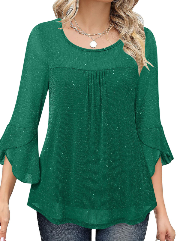 Top din poliester pentru femei cu mâneci clopot și decolteu în V, lungime obișnuită 50–65 cm, conținut poliester 50–70%
