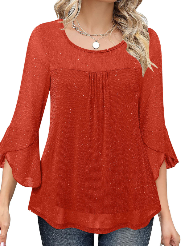 Top din poliester pentru femei cu mâneci clopot și decolteu în V, lungime obișnuită 50–65 cm, conținut poliester 50–70%