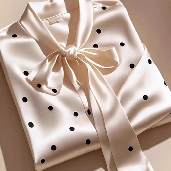 Χαλαρή γραμμή σατέν πολυεστέρα πουκάμισο με κορδόνι-φιόγκο, πουά μοτίβο, μακριές μανίκες