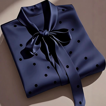 Χαλαρή γραμμή σατέν πολυεστέρα πουκάμισο με κορδόνι-φιόγκο, πουά μοτίβο, μακριές μανίκες