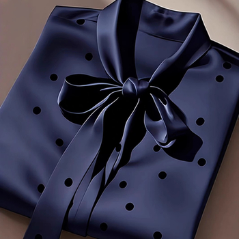 Χαλαρή γραμμή σατέν πολυεστέρα πουκάμισο με κορδόνι-φιόγκο, πουά μοτίβο, μακριές μανίκες