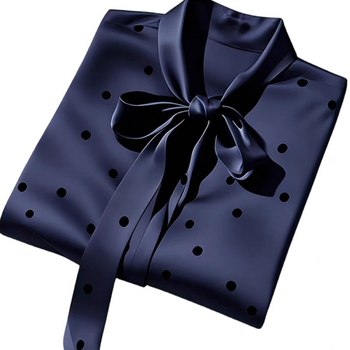 Χαλαρή γραμμή σατέν πολυεστέρα πουκάμισο με κορδόνι-φιόγκο, πουά μοτίβο, μακριές μανίκες