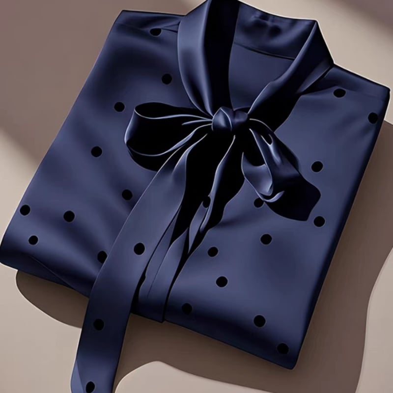 Χαλαρή γραμμή σατέν πολυεστέρα πουκάμισο με κορδόνι-φιόγκο, πουά μοτίβο, μακριές μανίκες