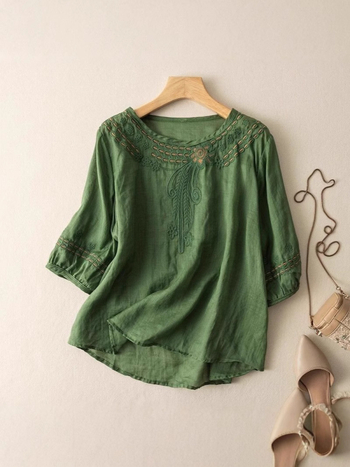 Памучна тениска с флорална шарка, кръгло деколте, свободен силует, носталгично ретро стил