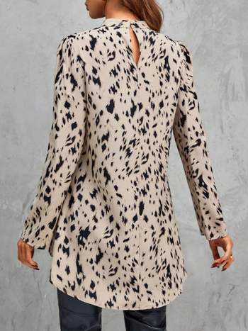 Женска риза с леопардов принт, полувисока яка, дълги ръкави, пуловер стил, полиестер