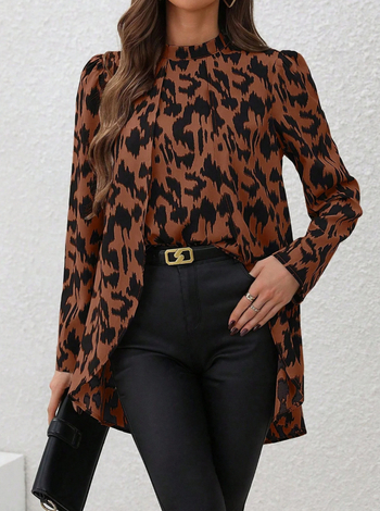 Женска риза с леопардов принт, полувисока яка, дълги ръкави, пуловер стил, полиестер