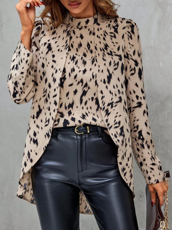 Γυναικείο πουκάμισο με λεοπάρ μοτίβο, ημιύψος γιακάς, μακριά μανίκια, pull-over στιλ, πολυεστέρας
