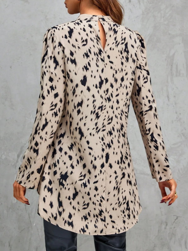 Cămașă de damă cu imprimeu leopard, guler semi-înalt, mâneci lungi, stil pulover, poliester