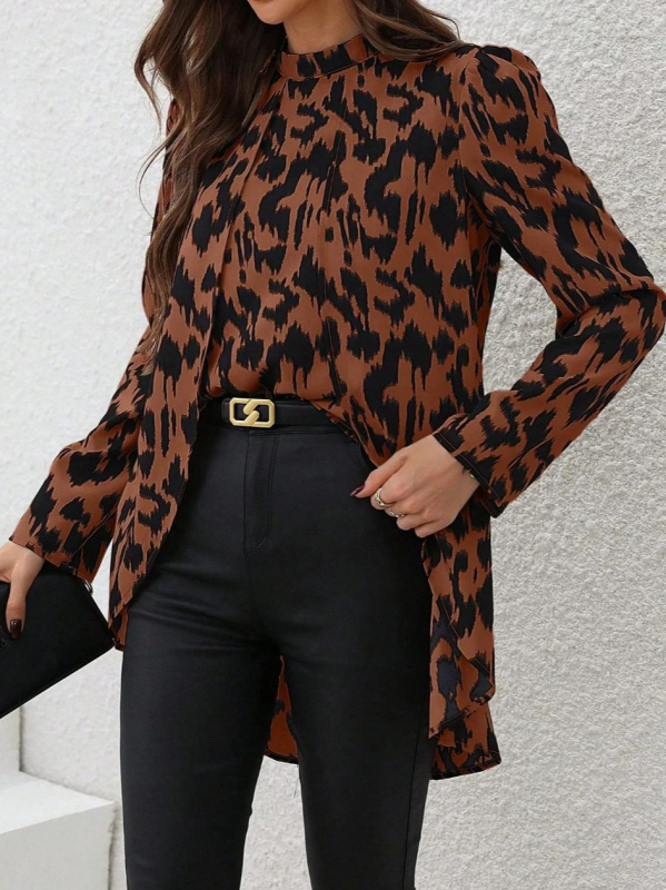 Cămașă de damă cu imprimeu leopard, guler semi-înalt, mâneci lungi, stil pulover, poliester