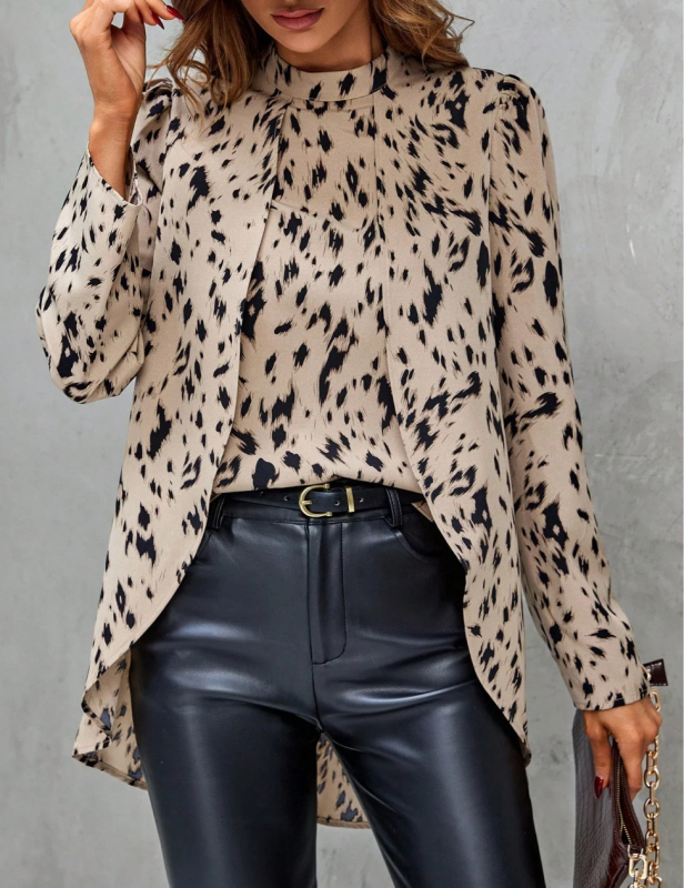 Cămașă de damă cu imprimeu leopard, guler semi-înalt, mâneci lungi, stil pulover, poliester