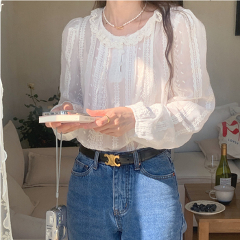 Bluza din bumbac brodată, guler cu frunză de lotus, mâneci felinar, croială lejeră