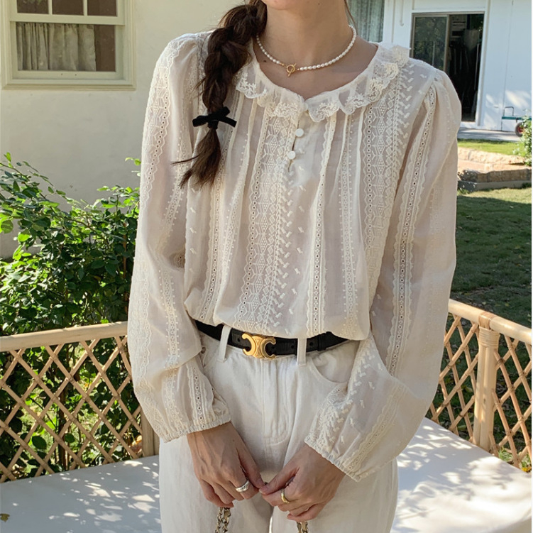 Bluza din bumbac brodată, guler cu frunză de lotus, mâneci felinar, croială lejeră