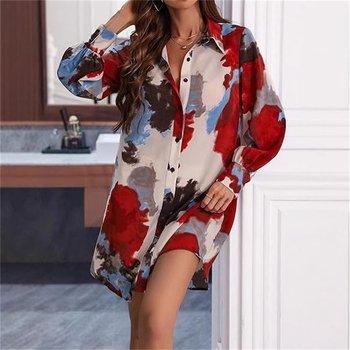 Риза с флорален принт, дълги ръкави, риза с редица копчета, яка тип риза, свободна кройка, полиестер-еластанова смес, средна дължина