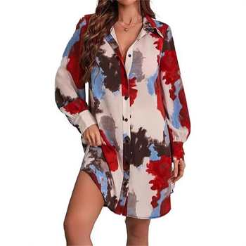 Риза с флорален принт, дълги ръкави, риза с редица копчета, яка тип риза, свободна кройка, полиестер-еластанова смес, средна дължина