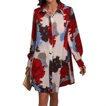 Риза с флорален принт, дълги ръкави, риза с редица копчета, яка тип риза, свободна кройка, полиестер-еластанова смес, средна дължина