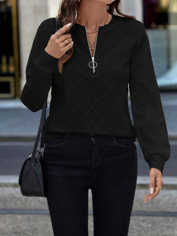 Geometriai mintás pulóver felső, laza szabású, álló gallér, hosszú ujjú, pamut-poliészter-elasztán keverék, ősz 2024 (70–80% poliészter; <30% elasztán)