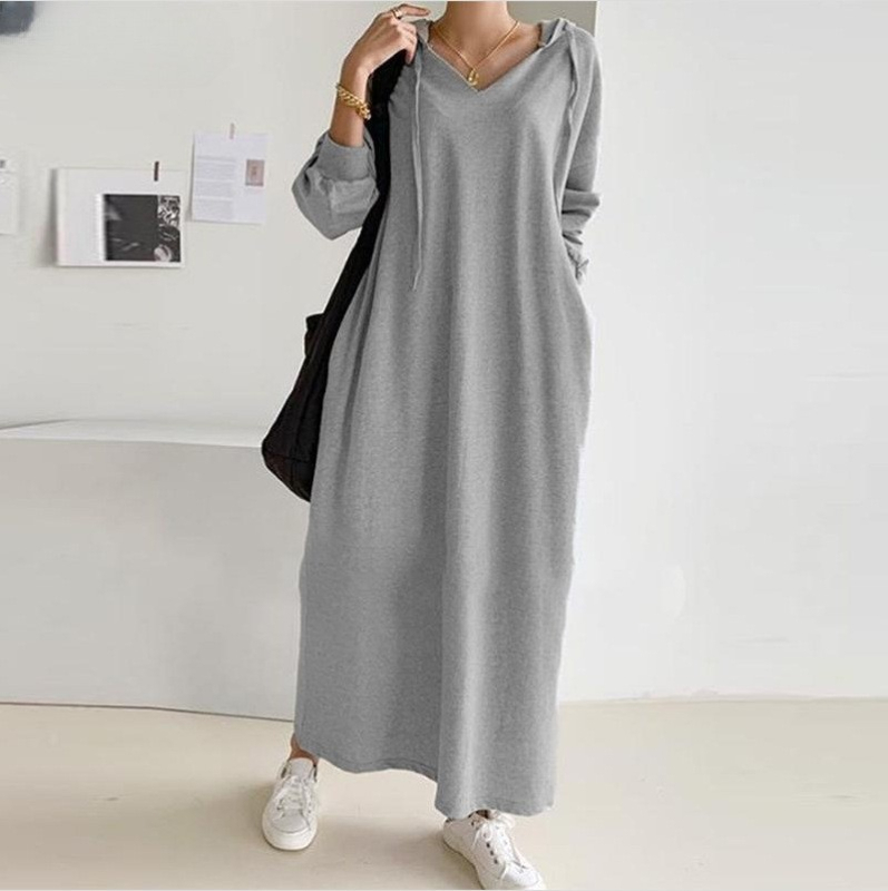 Haljina-košulja s kapuljačom, duge rukave, pamuk-poliester mješavina, duga suknja, casual japansko-korejski stil, jesen 2023