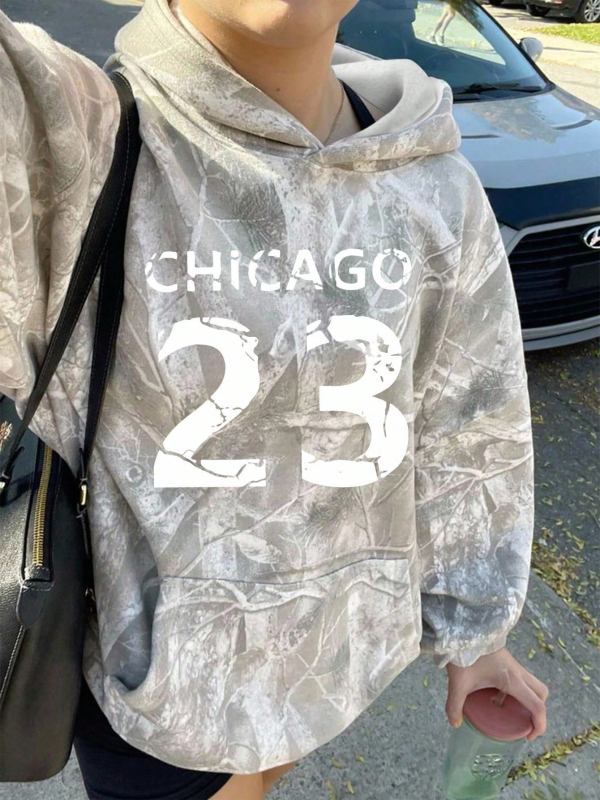 Kamuflažni hoodie s otiskom lišća javorova, oversize, s džepovima, poliester