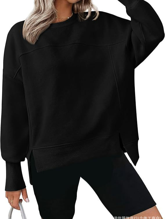 Moteriški kasdieniniai džemperiai su apvalia kaklo linija, ilgos rankovės, šoninis įpjovimas, storas medvilnės-poliesterio mišinys, koliažo siuvimo dizainas, 2024 ruduo.