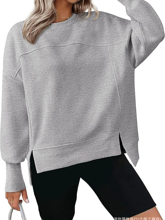 Moteriški kasdieniniai džemperiai su apvalia kaklo linija, ilgos rankovės, šoninis įpjovimas, storas medvilnės-poliesterio mišinys, koliažo siuvimo dizainas, 2024 ruduo.