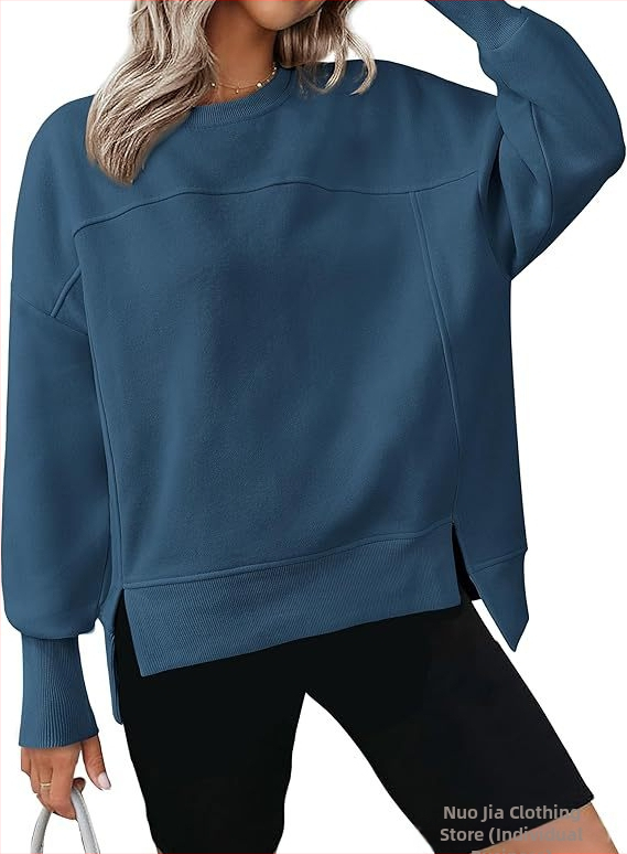 Moteriški kasdieniniai džemperiai su apvalia kaklo linija, ilgos rankovės, šoninis įpjovimas, storas medvilnės-poliesterio mišinys, koliažo siuvimo dizainas, 2024 ruduo.