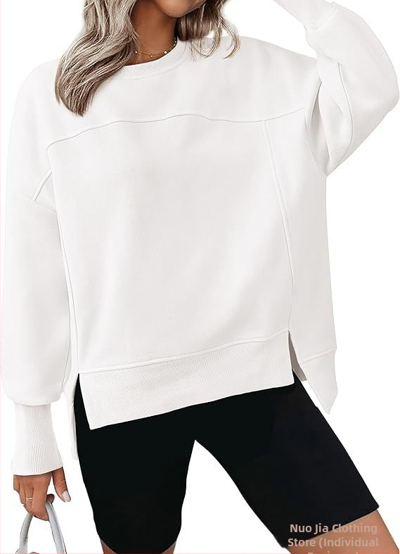 Moteriški kasdieniniai džemperiai su apvalia kaklo linija, ilgos rankovės, šoninis įpjovimas, storas medvilnės-poliesterio mišinys, koliažo siuvimo dizainas, 2024 ruduo.