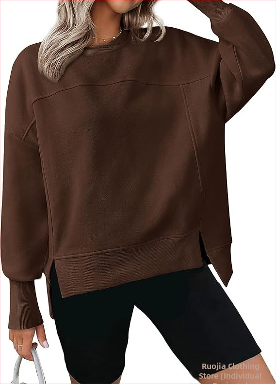 Moteriški kasdieniniai džemperiai su apvalia kaklo linija, ilgos rankovės, šoninis įpjovimas, storas medvilnės-poliesterio mišinys, koliažo siuvimo dizainas, 2024 ruduo.