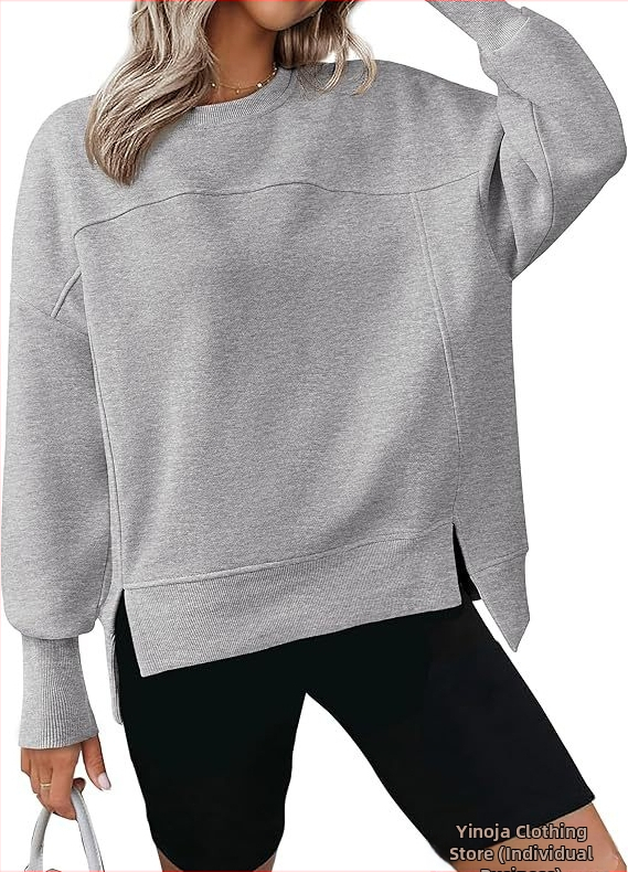 Moteriški kasdieniniai džemperiai su apvalia kaklo linija, ilgos rankovės, šoninis įpjovimas, storas medvilnės-poliesterio mišinys, koliažo siuvimo dizainas, 2024 ruduo.