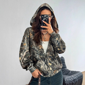 Cardigan cu imprimeu camuflaj, fermoar, mâneci lungi, 70-80% poliester