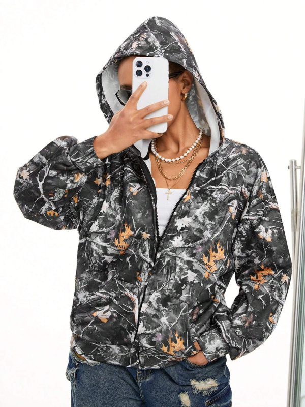 Cardigan cu imprimeu camuflaj, fermoar, mâneci lungi, 70-80% poliester