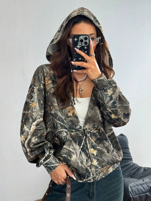 Cardigan cu imprimeu camuflaj, fermoar, mâneci lungi, 70-80% poliester